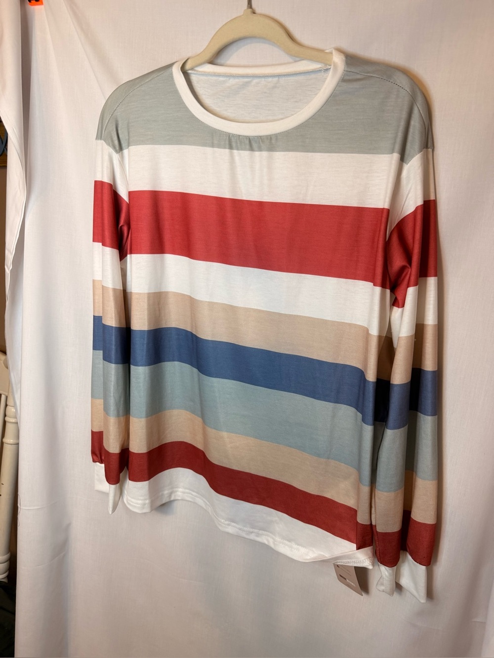 Emery Rose 
Size Medium 
Long Sleeve Multicolor Striped Shirt - Red, Blue, Beige